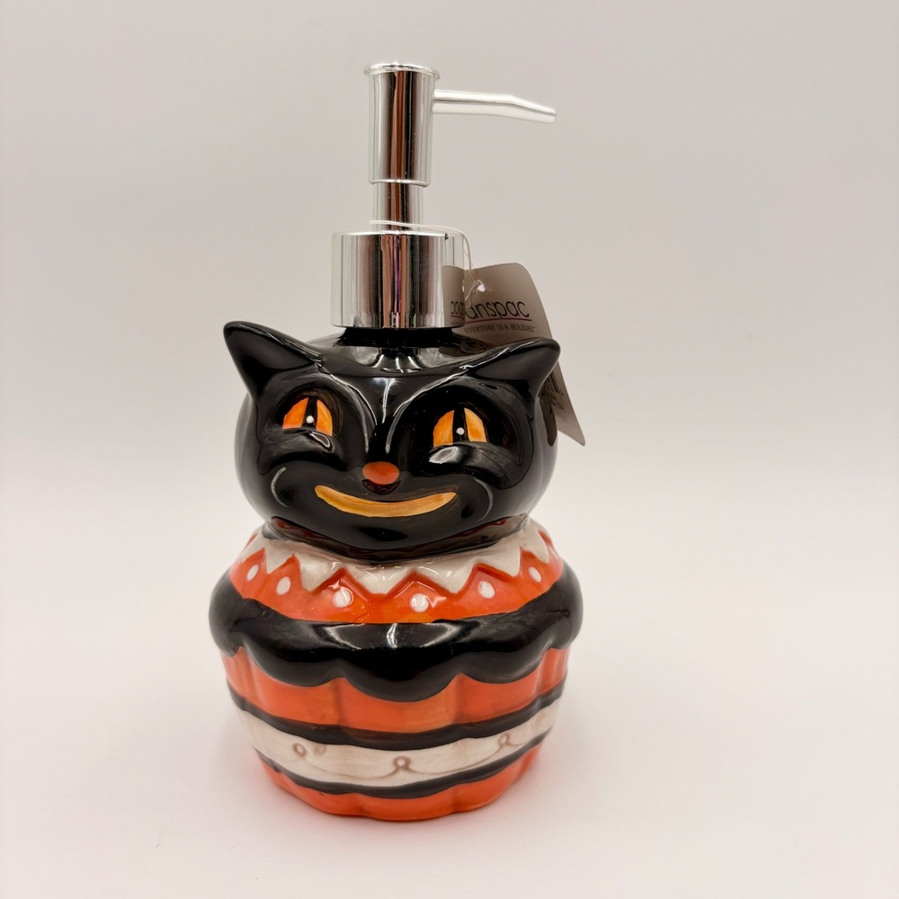 Johanna Parker Transpac Black Cat Halloween Soap Dispenser Ceramic Vintage